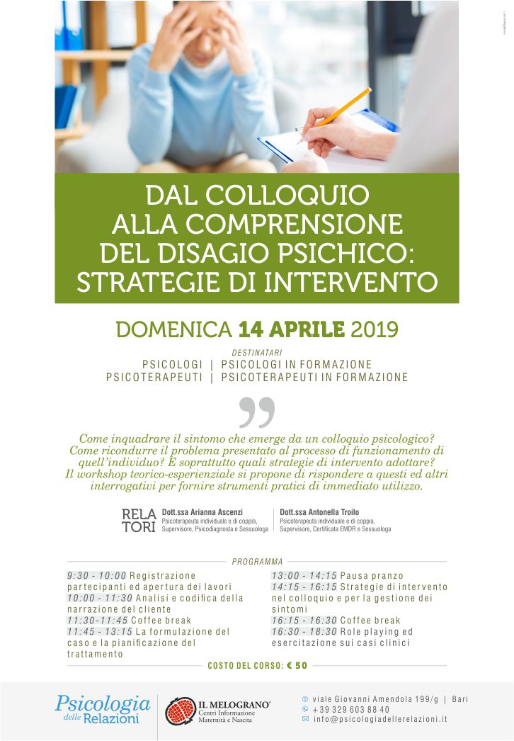 evento bari per psicoterapeuti, psicologi e assistenti sociali sulla comprensione del disagio psichico a partire dal colloquio con lo psicologo