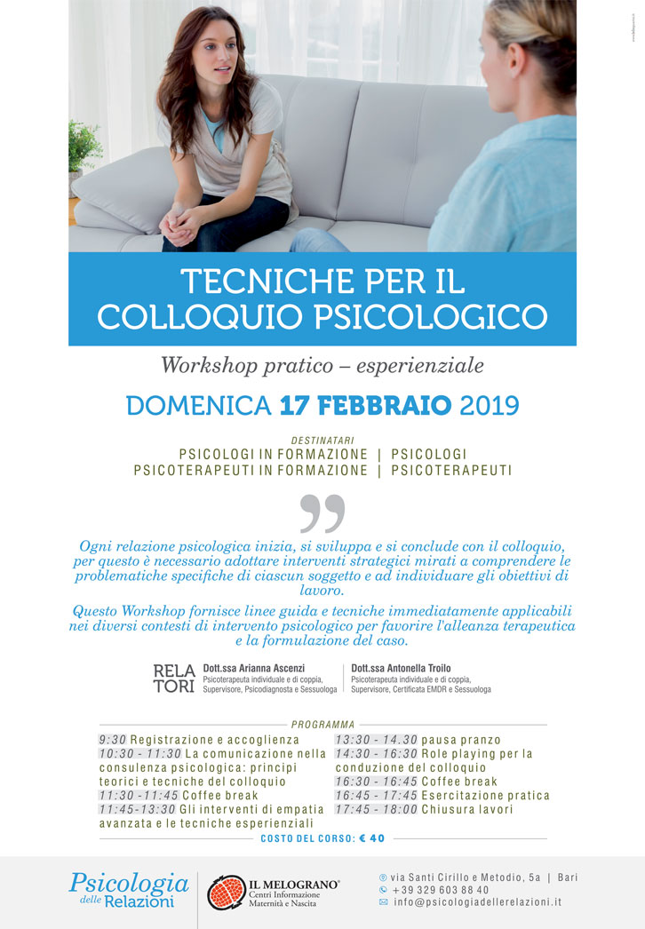 evento bari per psicoterapeuti e psicologi sulle tecniche per il colloquio psicologico